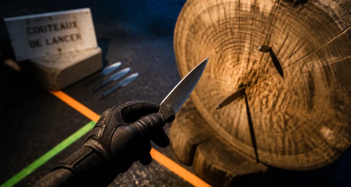Photo de couteaux de lancer : acier sombre et cible en bois