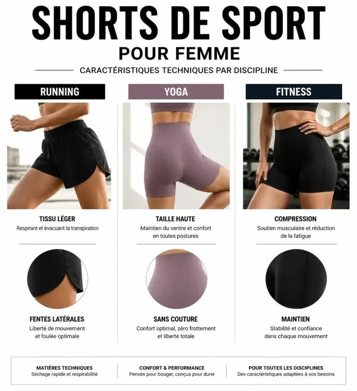 Infographie comparative des caractéristiques des shorts de sport pour femme selon l'activité physique