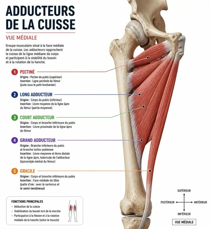 Schéma anatomique des muscles adducteurs entre les jambes