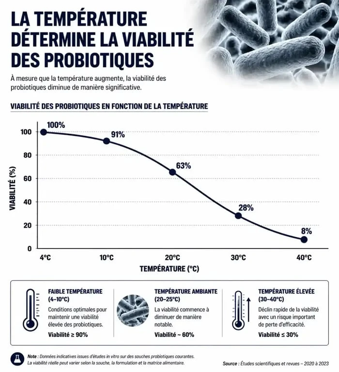 Infographie sur l'impact de la température de conservation sur l'efficacité des probiotiques Ergyphilus Intima