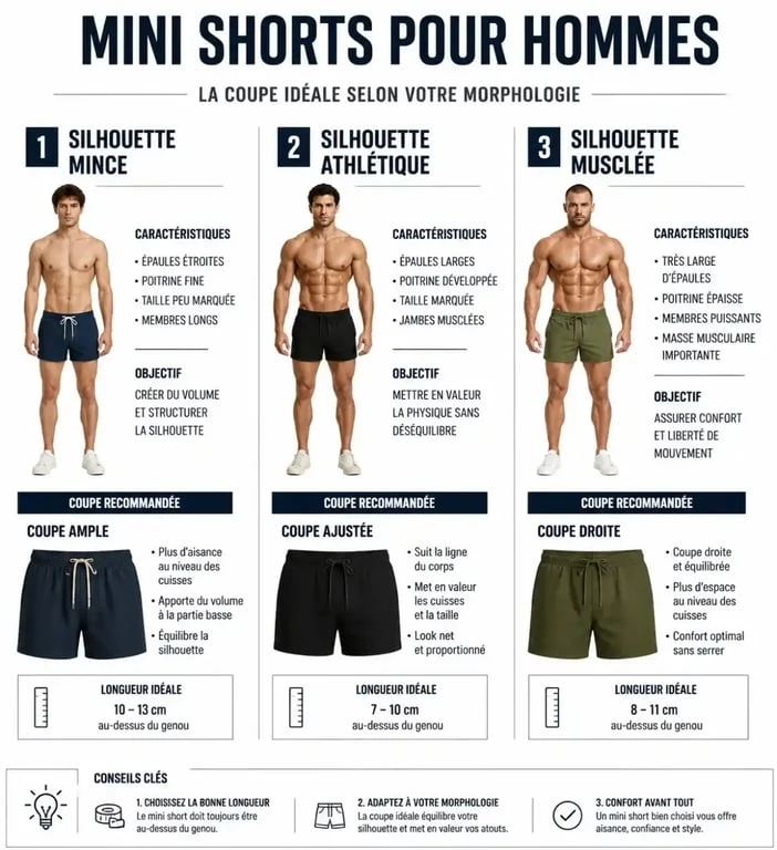 Infographie montrant comment choisir un mini short homme selon sa morphologie