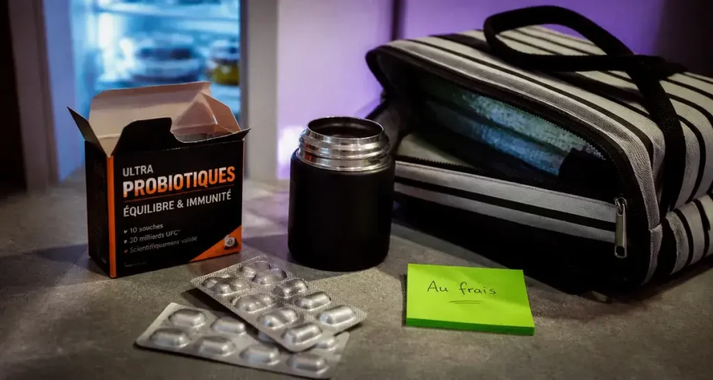Ergyphilus Intima pas au frigo : boîte probiotique près d’un frigo