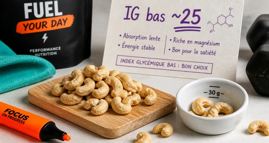 Noix de cajou et diabète : IG bas ~25, 30 g