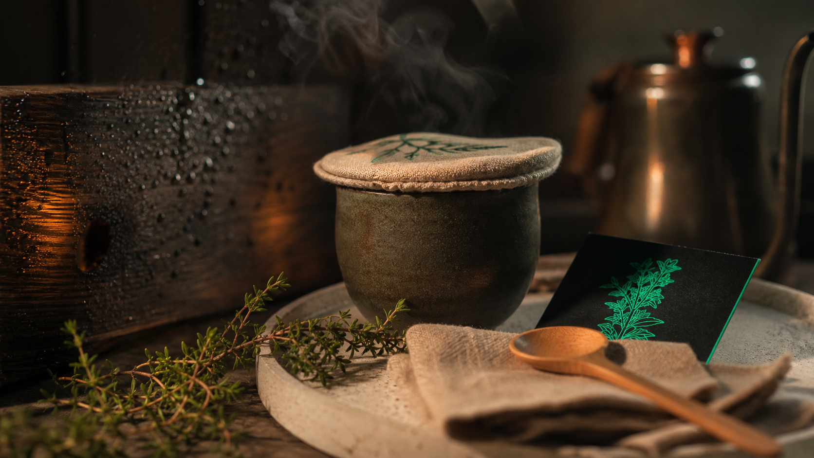 Tisane de thym fumante, brins de thym et cuillère en bois, pour toux et digestion