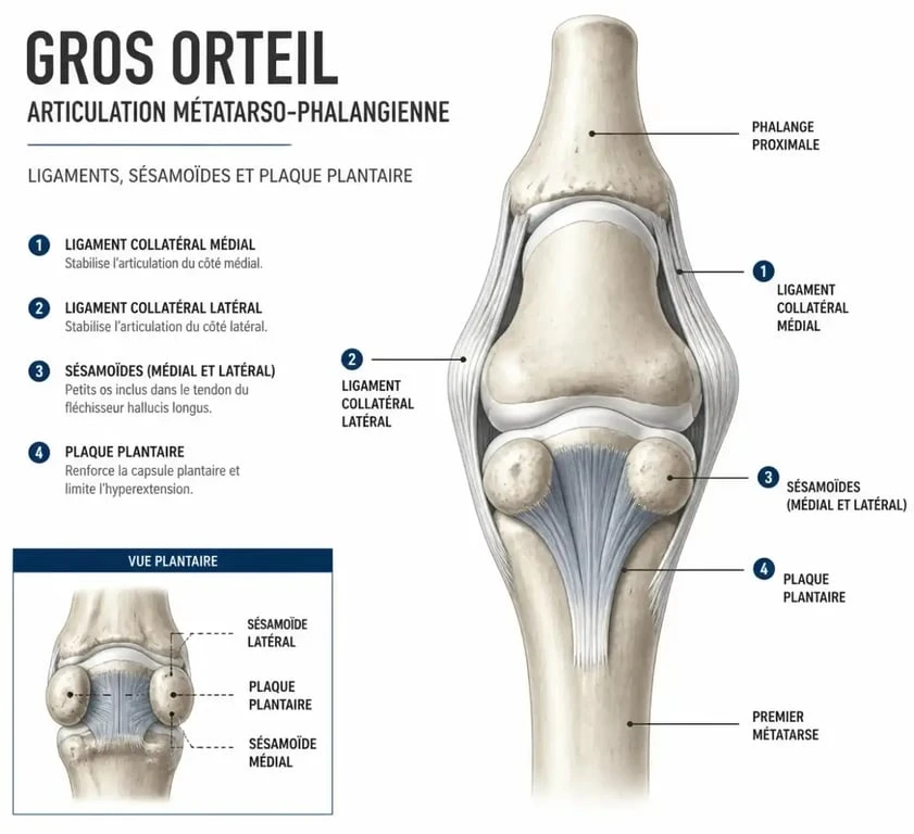 Schéma anatomique du gros orteil pour comprendre l'entorse et les zones lésées