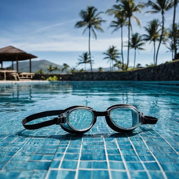 Clear swimming goggles on pool edge with tropical scenery in background.
