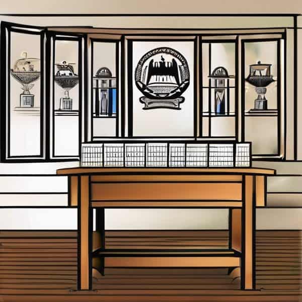 Trophy shelf showcasing awards and decorative items in a contemporary room.