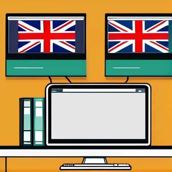 UK flag displayed on two monitors and a laptop on a desk.
