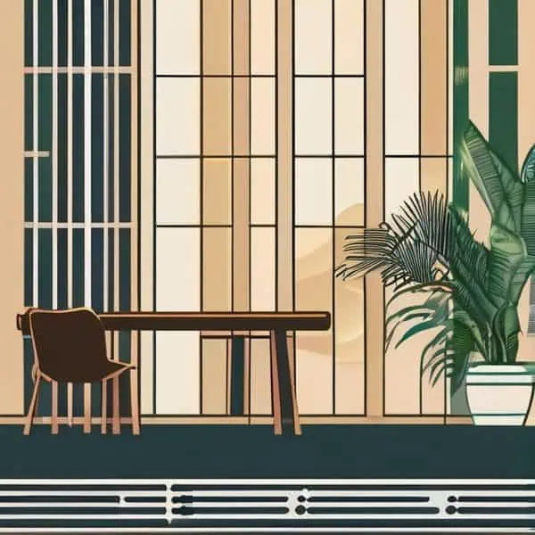 Interior design with large windows, a wooden table, and lush green plants.