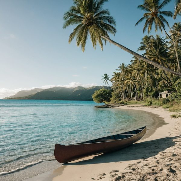 Beautiful tropical beach with a canoe resting on the sandy shore and lush palm trees under a clear s.