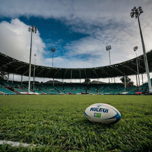 Rugby ball on the field at Fiji rugby stadium, ready for a match under a partly cloudy sky.