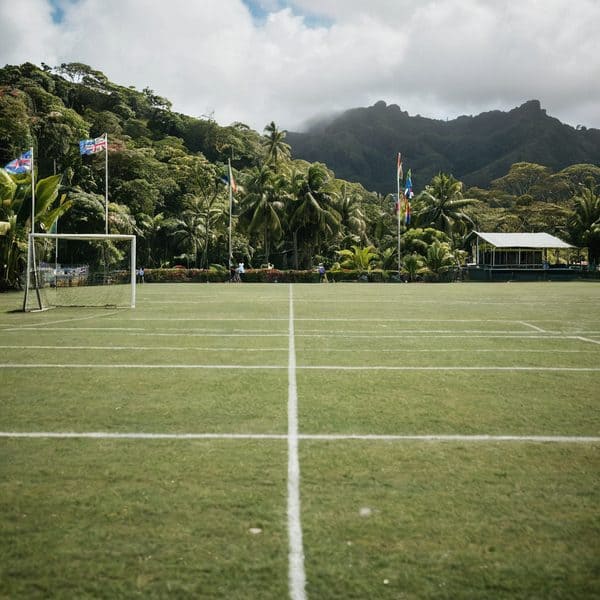 Fiji soccer field surrounded by lush greenery and mountains.