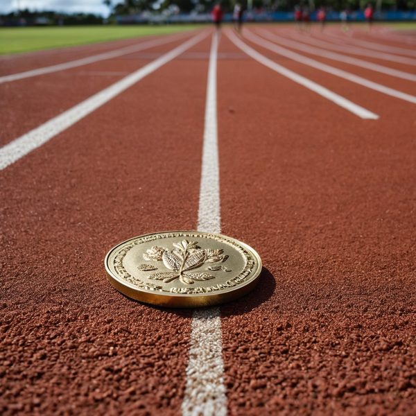 Coin on a running track with white lane lines, symbolizing sports and athletics in Fiji.