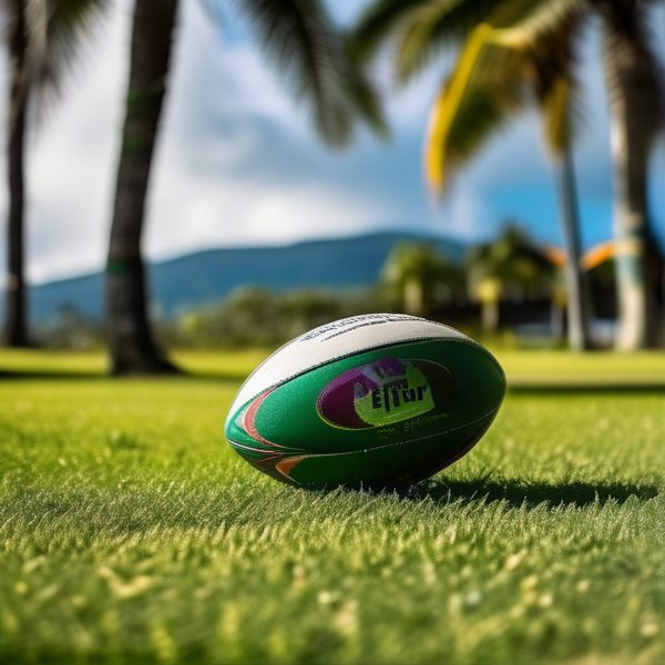 Rugby ball resting on a lush green field with palm trees and mountains in the background.