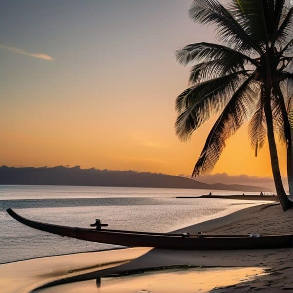 Sunset over tropical beach with palm trees and canoe in Fiji.