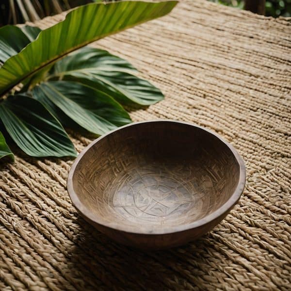 Wooden bowl with intricate carvings on woven mat.