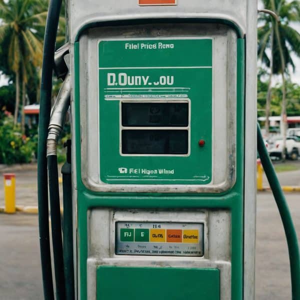 Fuel price display at a Fiji gas station with palm trees in background.