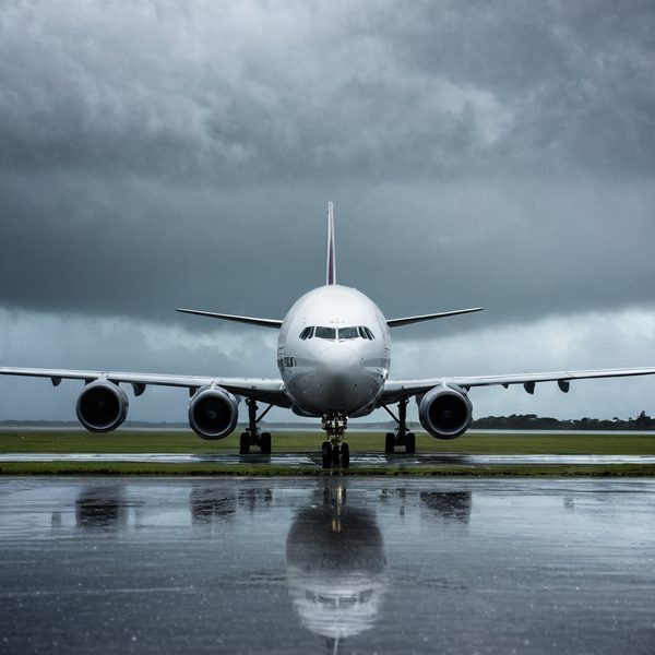 An airplane parked on a wet runway under dark, stormy clouds.