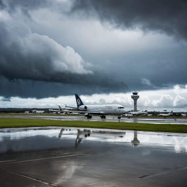 Aircraft on runway with storm clouds overhead at Fiji airport.