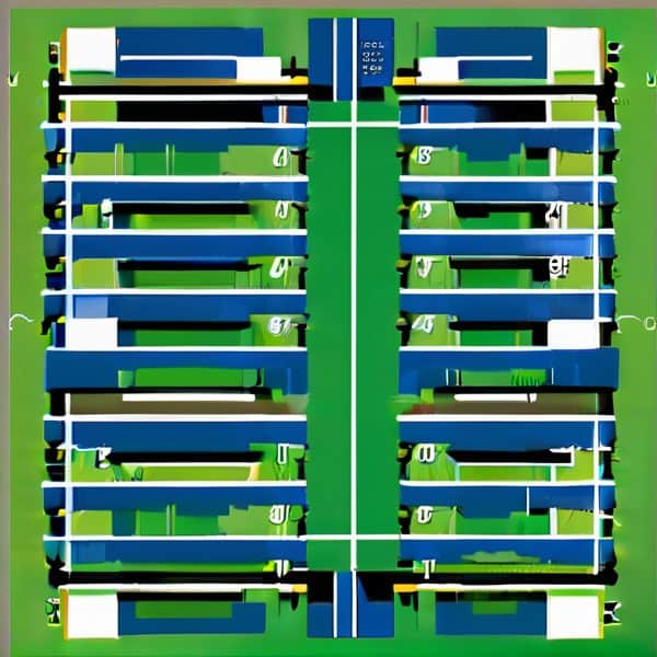 Tennis court layout with detailed markings and vibrant colors for sports enthusiasts.