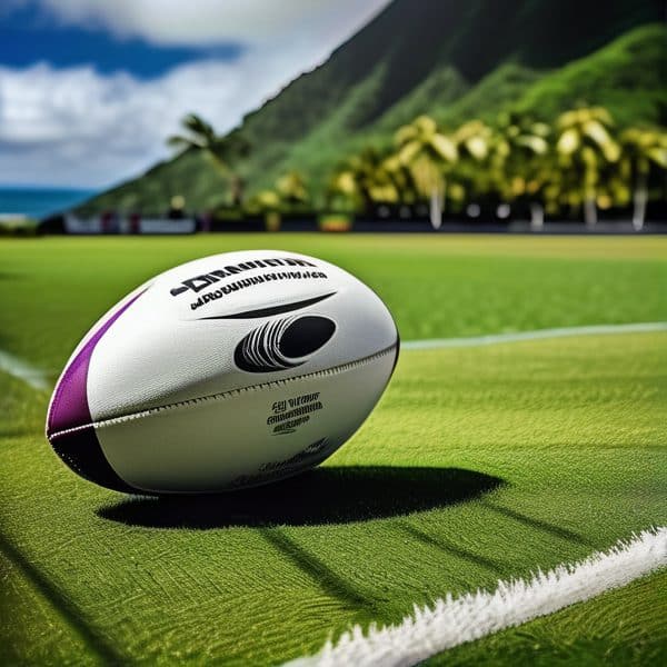 Rugby ball resting on a lush green rugby field with scenic mountains in the background.