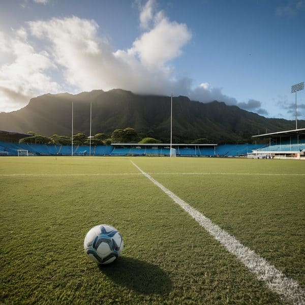 Fiji rugby stadium with mountain backdrop and empty field.