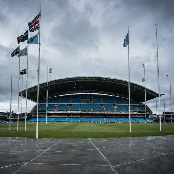 Fiji cricket stadium with flags and seating area under cloudy sky.