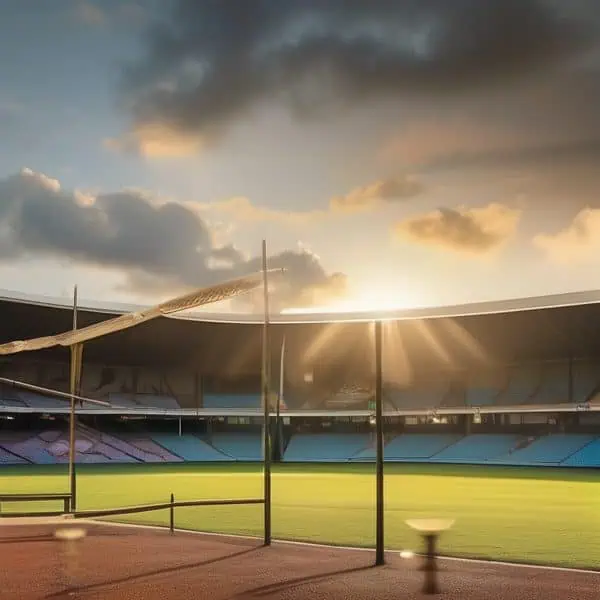 Cricket stadium illuminated by sunset with empty stands and lush green field.