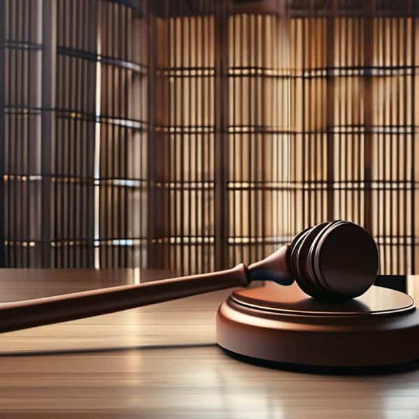 Gavel and sound block used in legal proceedings, symbolizing justice and authority.