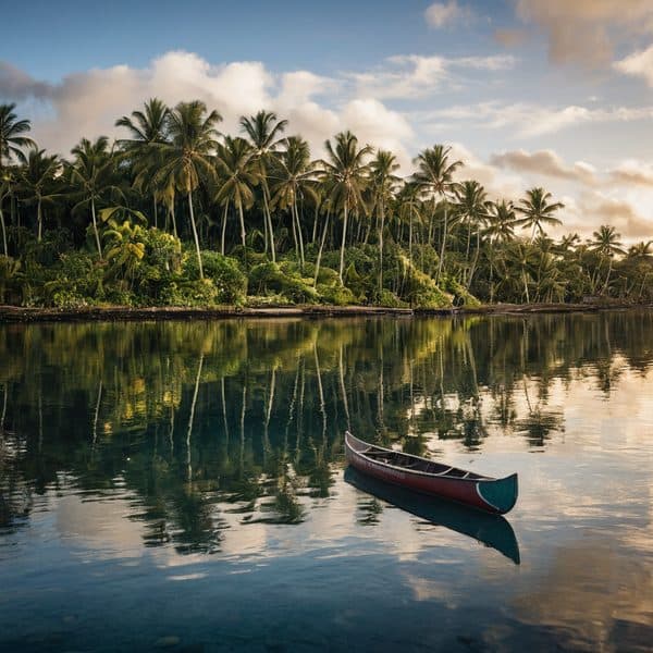 Tropical river scene with lush palm trees and a canoe on calm water.