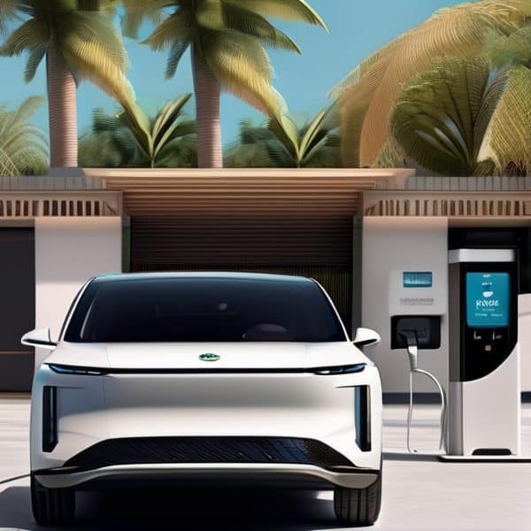 Electric vehicle charging station in Fiji with modern design and palm trees in the background.