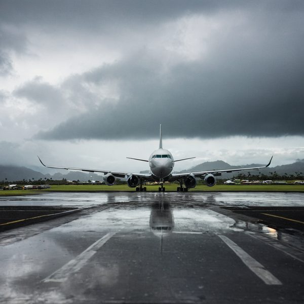 Aircraft preparing for takeoff on rainy day at airport.