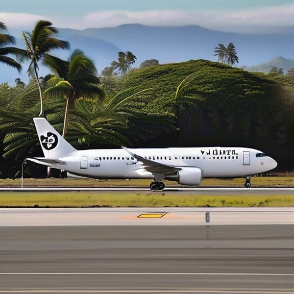 Fiji Airways Boeing 737 aircraft on runway at Nadi Airport with lush tropical background.