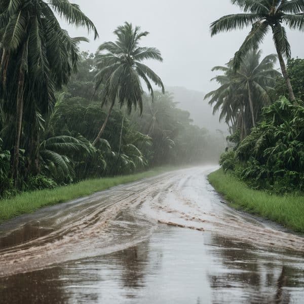 Rainy tropical rainforest road with lush greenery and palm trees in Fiji.