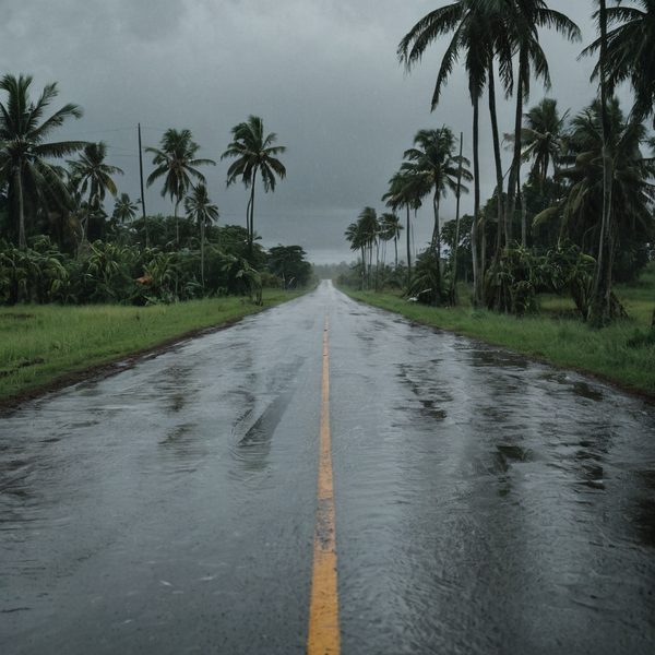 Rainy tropical road lined with palm trees in Fiji, wet and overcast sky.