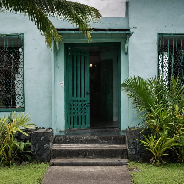 Entrance to a traditional Fijian home with tropical plants and a green door.