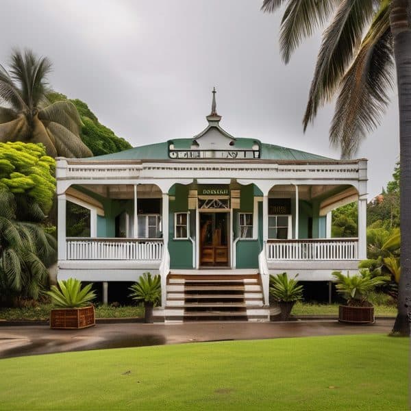 Historic house in Fiji with lush tropical surroundings.