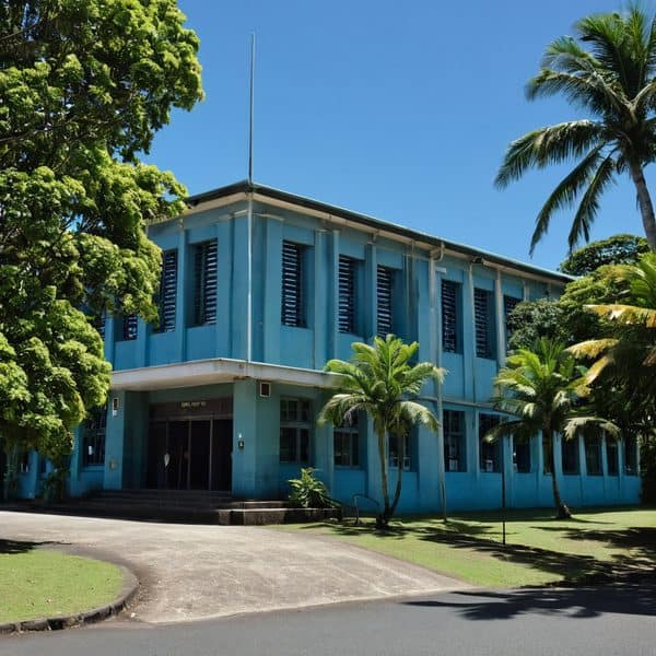 Blue government building surrounded by palm trees in sunny weather.