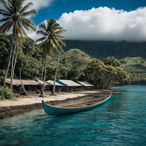 Beautiful tropical beach in Fiji with traditional huts and a canoe on clear blue waters.