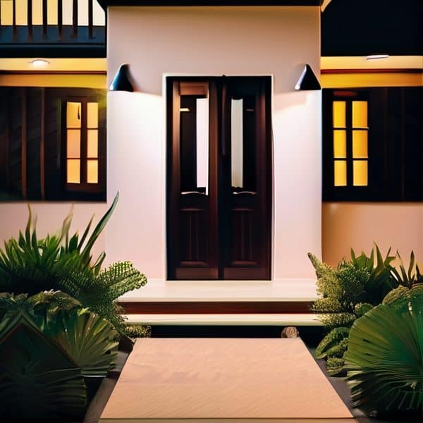 Elegant house entrance with lush plants and modern lighting fixtures.