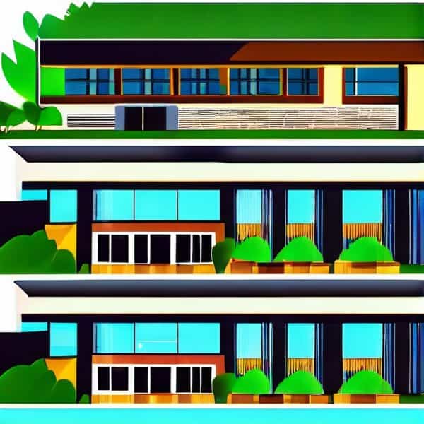Modern building featuring large glass windows and lush green landscaping.