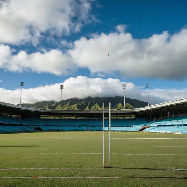 Rugby field at Fiji stadium with scenic mountain backdrop and blue sky.