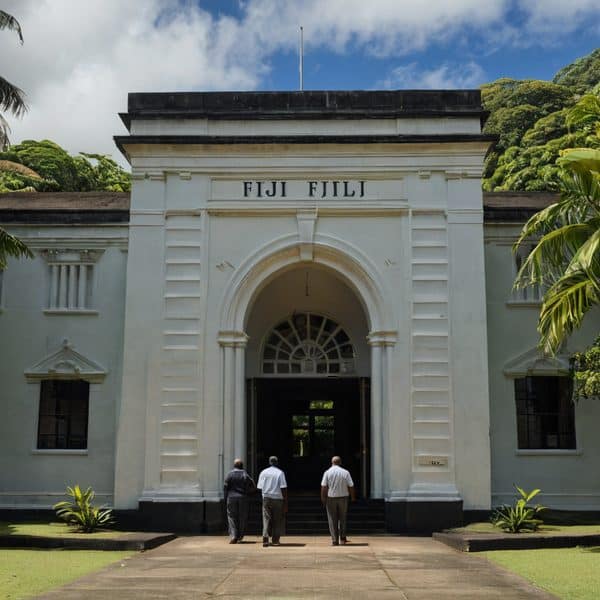 Historic Fiji government building with three people walking towards the entrance.