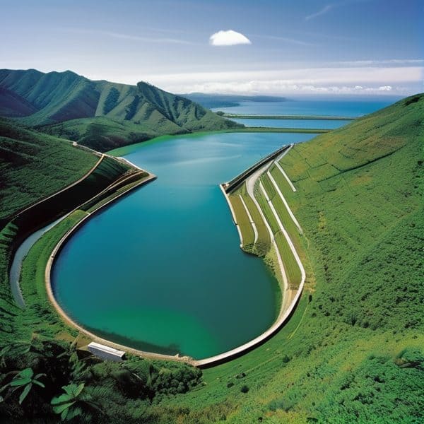 Dam reservoir surrounded by lush green hills in Fiji.