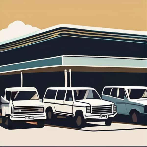 Fleet of white vehicles parked outside a modern building in Fiji.