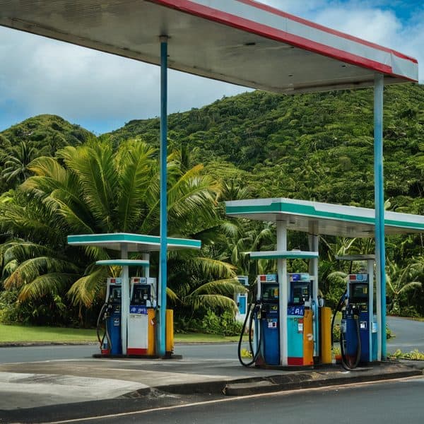 Gas station in Fiji surrounded by lush tropical greenery and mountains.