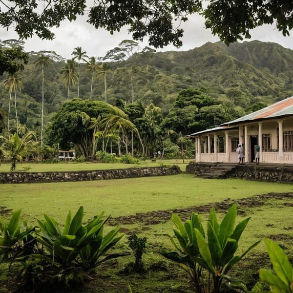 Scenic Fiji village with lush greenery and mountain backdrop.