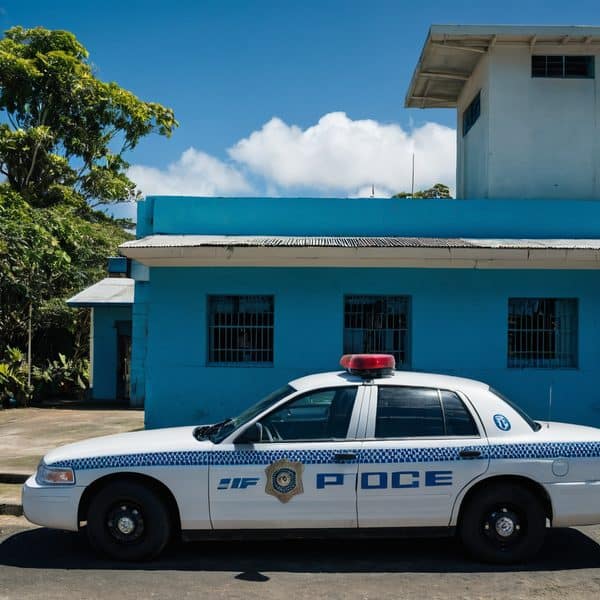 Fiji police car parked outside a blue police station building.