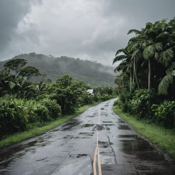 Wet tropical road surrounded by lush greenery and palm trees in Fiji during rain.
