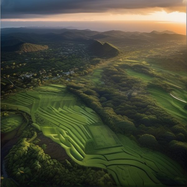 Rice terraces in Fiji with lush greenery and scenic sunset view.
